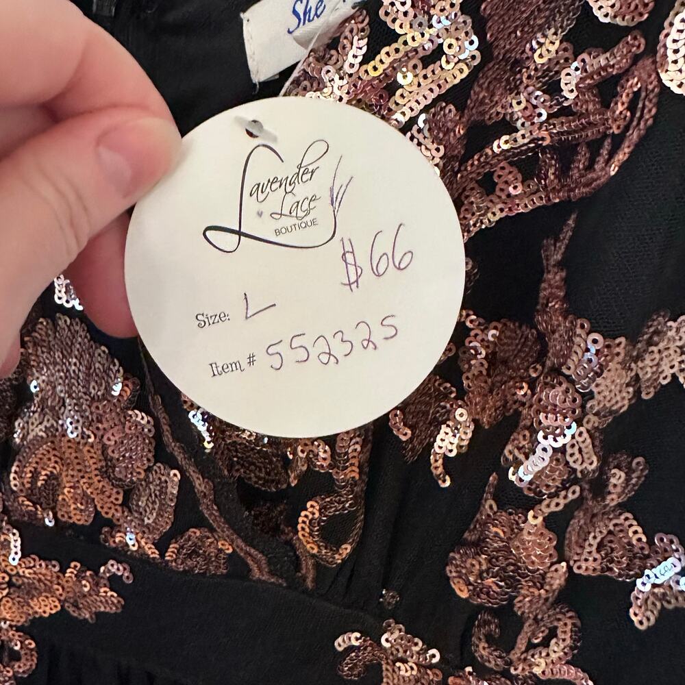 She + Sky Large NWT Black Rose Gold Sequin Maxi Dress Spaghetti Straps Elegant - Picture 3 of 15